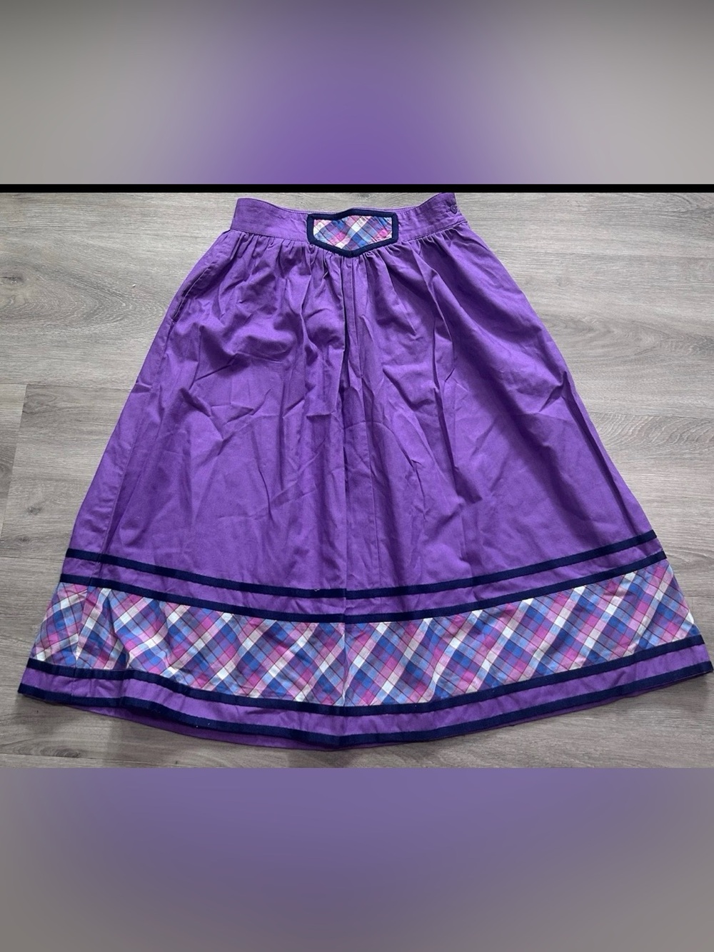 Vintage Trachten Skirt Purple Cotton Plaid Hem German Austrian Folk Dirndl 38/26